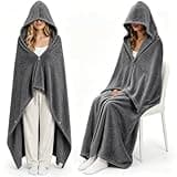 CrystalSylara Hooded Fleece Travel Blanket Airplane with Snap Closure, Foldable Travel Pillow Set Compact Carry with Carabiner Luggage Strap, Soft 60''x50''Fleece Blanket for Plane Bus Office (Grey)