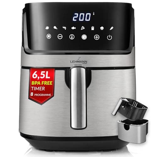 LEHMANN Air Fryer XL, 6.5L, Oil-Free Deep Fryer with 8 Programs, Large Metal Drawer, Touch Screen, Timer, Non-Stick Coating, 80-200°C, Dishwasher Safe, Family Friendly