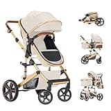 Zkiprm 2 in 1 Baby Stroller, Folding Newborn Stroller with Reversible Seat, Infant stroller with One Button Brake | XL Basket | Cup holder | Mosquito net | Adjustable Canopy & Handle | max 18kg(White)