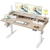 TIQLAB Standing Desk with Two Drawers, Stand Up Standing Desk Adjustable Height, Electric Sit Stand Table with Storage Shelf and Splice Board, 55 * 24 inch, Maple