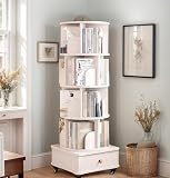 Abosbeet 5 Tier Rotating Bookshelf Tower, Revolving 360 °Bookcase with Cabinet and Wheels, Tall Floor Standing Book Shelf Organizer for Bedroom, Living Room, Study Room, White