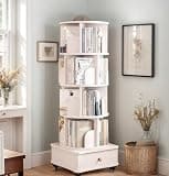 Abosbeet 5 Tier Rotating Bookshelf Tower, Revolving 360 °Bookcase with Cabinet and Wheels, Tall Floor Standing Book Shelf Organizer for Bedroom, Living Room, Study Room, White