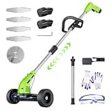 Electric Weed Wacker: Cordless Weed Trimmer with 2 * 2.0Ah Li-Ion Battery Powered & 4 Cutting Blade Types, Wheel Trimmer Lightweight Ajustable Pole &Back-Friendly Compact Power Tool for Lawn Yard Work