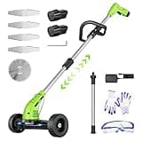 Electric Weed Wacker: Cordless Weed Trimmer with 2 * 2.0Ah Li-Ion Battery Powered & 4 Cutting Blade Types, Wheel Trimmer Lightweight Ajustable Pole &Back-Friendly Compact Power Tool for Lawn Yard Work