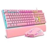 RedThunder K10 Wired Gaming Keyboard and Mouse and Wrist Rest Combo, RGB Backlit, Mechanical Feel Anti-ghosting Keyboard + 7D 7200 DPI Mice+Soft Leather Wrist Rest 3 in 1 PC Gamer Accessories(Pink)