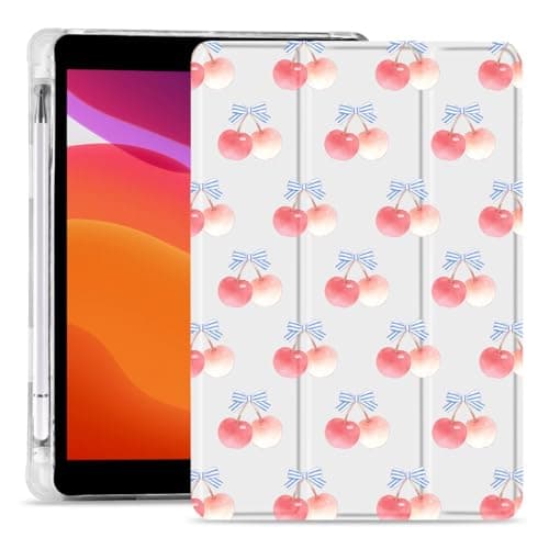 MAYCARI Blue White Bows Cherry Case for iPad 9.7 Inch 2018/2017, iPad 9.7" 6th/5th Generation Case with Pencil Holder, Cute Design Slim Soft TPU Silicone Cover, Trifold Stand Auto Sleep/Wake Shell