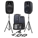 Gemini Portable PA System Bundle with Stands – 6-Channel Powered Mixer, Dual 10" Speakers, Wired Mic & Cables – Bluetooth Music Streaming for DJs, Karaoke & Small Events (ES-210MXBLU-ST)