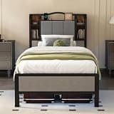 YORMDMO Bedframe with Wood Upholstered Storage Headboard, Twin XL Bed Frame with LED Lights, Metal Platform with Under Bed Storage, No Box Spring Needed, Easy Assembly