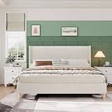 Garvee King Bed Frame with 50" Tall Wingback Headboard, Corduroy Upholstered Platform King Size Bed Frame, No Box Spring Needed, Sturdy Wooden Slats, Noise Free, Cream