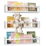 Fixwal Floating Bookshelves for Wall, 16.5 Inch Wood Nursery Book Shelves Set of 3, Baby Kids Decor, Solid Wood Wall Mounted Shelves for Books, Toys and Decor Storage (White)