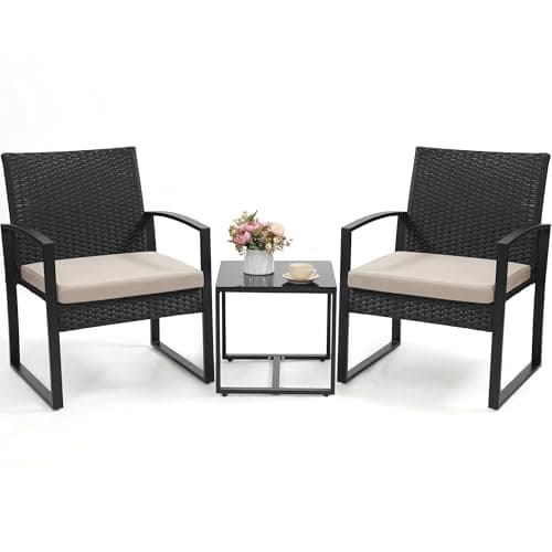 Murago 3 Piece Wicker Patio Bistro Set, Rattan Conversation Set with Coffee Table, for Balcony, Porch, Garden, Yard, Poolside, Black Frame with Beige Cushion