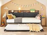 LIKIMIO Daybed with Trundle, Twin Bed Frame with Upholstered Storage Headboard & Charging Station, Day Bed Pop Up Trundle for Living Room,Bedroom and Guest Room, Black