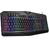 Dacoity Gaming Keyboard, Full Size RGB Backlit Quiet Computer Keyboard, Wrist Rest, Silent Keys, Multimedia Keys, Anti-ghosting, Waterproof Light Up USB Wired Keyboard for PC Mac Xbox Gamer Office