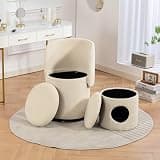 Tassullo Round Swivel Vanity Chair with Nesting Stool, Barrel Makeup Chair with Storage and Reversible Backrest, Beige (Corduroy)