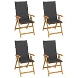 KHNLGFR 4 Pcs Folding Teak Patio Chairs with Anthracite Cushions, Adjustable 7 Position Reclining Backrest, Solid Teak Wood Outdoor Seating for Garden
