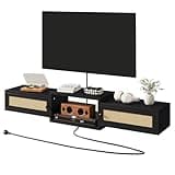 IBUYKE Modern Rattan Floating TV Stand with Doors,Wall Mounted TV Shelf for TVs up to 55 Inches,Media Console Entertainment Center for Under TV Storage Cabinet for Living Room Bedroom,Black UWST012B