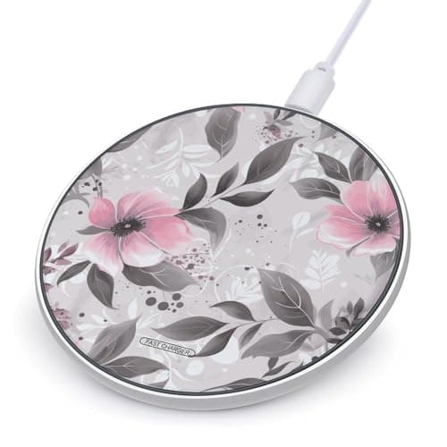 Pink Flowers and Leaves on Gray Wireless Charger 10W Fast Charging Pad Anti-Slip Qi Certified Wireless Charging Pad Charging Station Portable Phone Charger for All Wireless Charging Smartphone