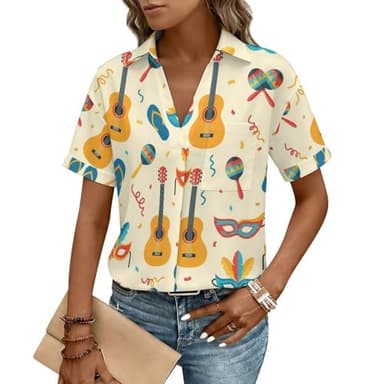 MEIKKO Womens Summer Tops Short Sleeve V Neck Collared Guitars Masks Maracas Blouses Business Casual Shirts