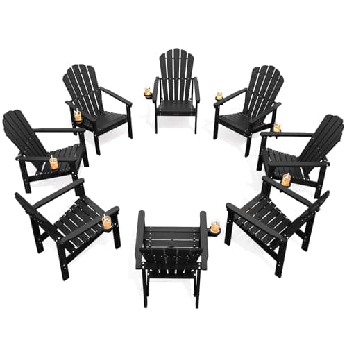 THOEOE Stackable Adirondack Chair Set of 8, HDPE All-Weather Adirondack Chairs - Durable and Space Saving, Plastic Outdoor Fire Pit Chairs with Cup Holder,Black