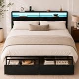 Zevemomo King Size Bed Frame with Storage Drawers, Bed Frame King Size with Headboard, LED Light, Charging Station with 2 USB Ports & 2 AC Ports, Noiseless, Black