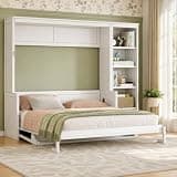 Merax Queen Size Murphy Bed with Desk, Space Saving Wall Bed with Bookshelf and Storage Shelves, Foldable Cabinet Bed Frame with Wood Slats for Home Office Guest Room, White