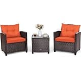 COSTWAY 3PCS Patio Furniture Set, PE Rattan Wicker Sofa w/Washable Cushion and Coffee Table, Tempered Glass Tabletop, Outdoor Conversation Set for Balcony, Porch, Yard, Backyard, Lawn (Orange)