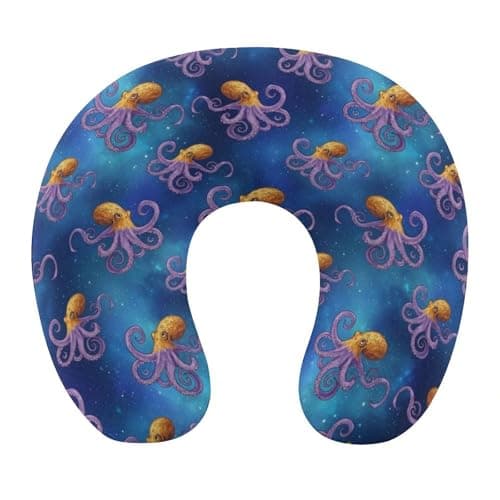 MZERSE Travel Neck Pillow with Zipper Cover, Memory Foam Head Neck Support for Pain Relief, Octopus Art