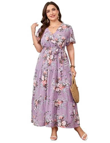 ShopWonder Womens Plus Size V Neck Wrap Maxi Dress High Waist Ruffle Summer Casual Dress with Belt Purple Floral Fresh 3X