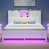 Rolanstar Bed Frame Full Size with Charging Station, Bookcase Headboard Bed with LED Light and Sliding Doors, Platform Bed with Wooden Slats, No Box Spring Needed, Noise Free, White
