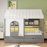 CJLMN Twin Size House Bed with 2 Large Drawers, Side Bookshelf with LED Strip, Gray - Cozy Wooden Frame with Tent, USB Ports