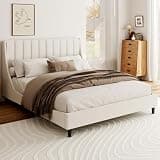 Queen Bed Frame Velvet Upholstered Platform Channel Wingback Headboard