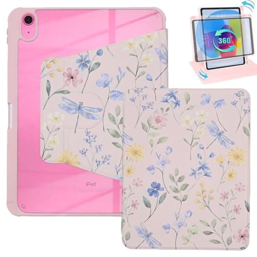 Case for iPad (A16) 11th/10th Generation 10.9'' inch 2025/2022, PU Leather 360 Degree Rotating Stand Protective Cover, Pencil Holder, Auto Sleep/Wake, Dragonfly Flowers