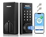Philips Built-in WiFi Smart Lock, Keyless Entry Door Lock with App, Touchscreen, Fingerprint Door Lock — Compatible with Alexa & Google, Splash-Proof Design, Includes 8 Batteries, Black