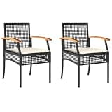 DXKDUSOKJ 2-Piece Patio Chairs with Cushions, Black Poly Rattan Acacia Wood Outdoor Seating with Thick Padded Cushions and Removable Washable Covers