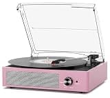 Record Player with Speakers Belt-Driven Vintage Turntables 3 Speed 3 Size Wireless Bluetooth Playback AUX-in RCA Out Headphone LP Vinyl Players Auto Stop Purple Pink