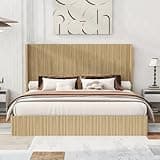King Size Mid-Century Fluted Wood Bed Frame with Tall Wingback Headboard, Low Profile Platform Bed, No Box Spring Needed, Heavy Duty Wood Slats, Easy Assembly for Bedroom & Guest Room, Natural Wood