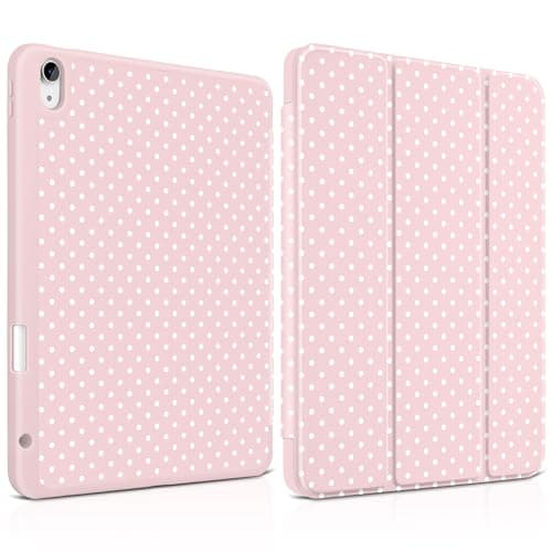MEEgoodo Case for iPad Air 11 inch (M4) 2026/(M3) 2025/(M2) 2024, Cover for iPad Air 5th Generation/iPad Air 4th Generation 10.9 inch 2022 2020, Tablet Cases with Pencil Holder, White Polka Dot & Pink