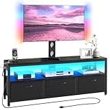 JUSTOGO TV Stand with Mount and Power Outlet, TV Stand Mount with Storage for Living Room, Entertainment Center with LED Lights for 45 55 60 65 inch, Height Adjustable Media Console, Black