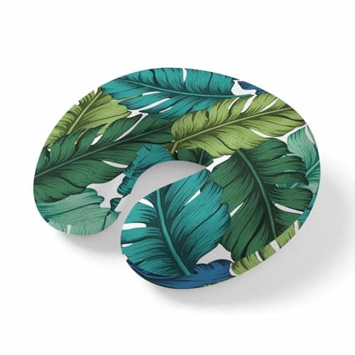 LXCPBNQT Neck Pillow Tropical Banana Leaf Washable Memory Foam Pillow for Airplane Office Car Sleeping, Classic Summer Green Blue Plants Travel Pillows U Shaped Stretch Neck Support Pillows