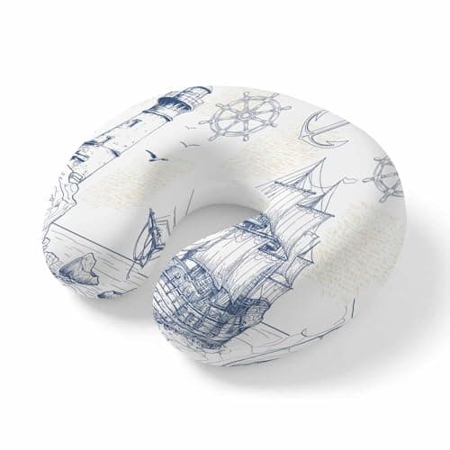 Nautical Ship Lighthouse Travel Neck Pillow Memory Foam,Hand Neck Support Airplane Pillow for Traveling Bed Car Office Home,Ocean Anchor Rudder Lines Art Flight Pillows with Removable & Washable Cover