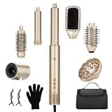 REITOW 7-in-1 Dual Voltage Hot Air Styler: Blow Dryer Brush Setwith Negative Ion & Cool Shot - Auto Wrap Curling/Fast Drying- No Heat Damage/Frizz Free - with Diffuser & EU Adapter & Travel Bag–Gold