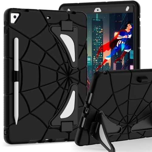 nincyee Kids Tablet Case for iPad 10.2" 9th/8th/7th Gen,Heavy Duty Shockproof Cover with Pencil Holder,Spider Carton Theme Folding Kickstand Case for Children