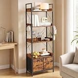 Garvee 5 Tier Tall Bookshelf, Modern Bookcase with Fabric Drawer, Industrial Book Shelves Storage Organizer for Living Room, Bedroom, Home Office, Rustic Brown