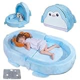 Portable Toddler Bed BUMNANA Folding Toddlers Floor Beds for Kids Foldable Soft Foam Travel Bed for Baby, Washable Cover Toddler Cot with Rail for Travel, Home/Travel (Penguin)