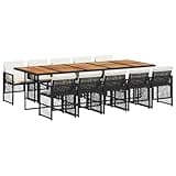 WRJENFSC 11-Piece Garden Dining Set, Outdoor Patio Furniture Table and 10 Chairs with Thick Cushions, Black Poly Rattan Wicker for Backyard Terrace, Solid Acacia Wood Tabletop, 108.3 Inch Length