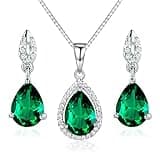 JIANGXIN Waterdrop Green Emerald Birthstone 925 Sterling Silver White Gold Plated Fine Jewelry Set for Women Pendant Necklace Stud Earring