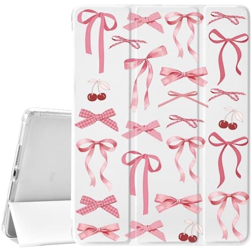 JOYLAND for iPad 7th/8th/9th Generation Case (2019/2020/2021) 10.2 inch with Pencil Holder-Auto Wake/Sleep,Bright Pink Bow Anti-Scratch Shockproof Premium Folio Stand Case,White