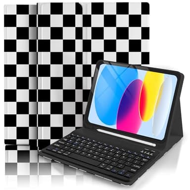 TopPerfekt Case Keyboard for iPad Gen 11th (A16) 11'' 2025/10th 10.9-inch 2022, Plaid Cute Checkered Aesthetics Design with Pencil Holder for 10.9'' with Keyboard Rechargeable,Detachable-Black - White