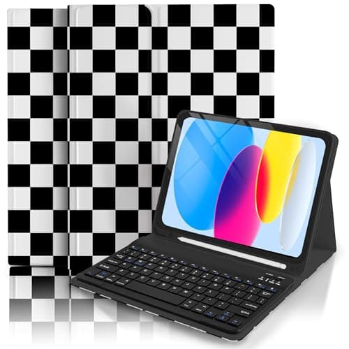 TopPerfekt Case Keyboard for iPad Gen 11th (A16) 11'' 2025/10th 10.9-inch 2022, Plaid Cute Checkered Aesthetics Design with Pencil Holder for 10.9'' with Keyboard Rechargeable,Detachable-Black - White