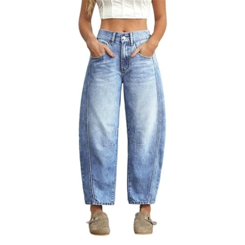 Womens Stretchy Mid Rise Barrel Jeans Boyfriend High Waisted Baggy Cropped Denim Vintage Pants Casual with Pockets (Light Blue,X-Large)
